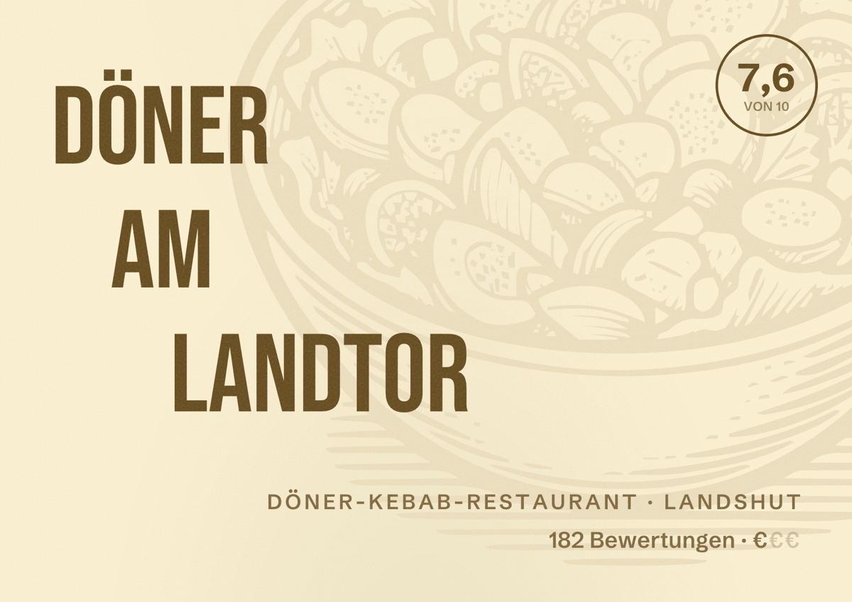 Illustriertes Poster von Döner am Landtor, Döner-Kebab-Restaurant in Landshut: Bewertung 7,6 von 10 aus 182 Bewertungen, Preisniveau €