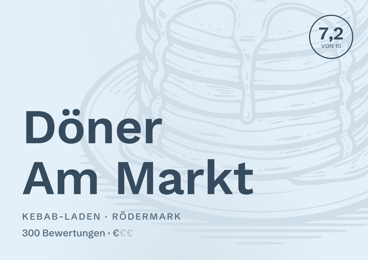 Illustriertes Poster von Döner Am Markt, Kebab-Laden in Rödermark: Bewertung 7,2 von 10 aus 300 Bewertungen, Preisniveau €