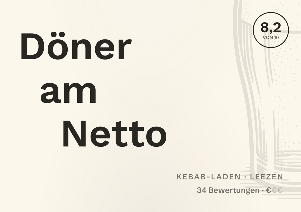 Illustriertes Poster von Döner am Netto, Kebab-Laden in Leezen: Bewertung 8,2 von 10 aus 34 Bewertungen, Preisniveau €