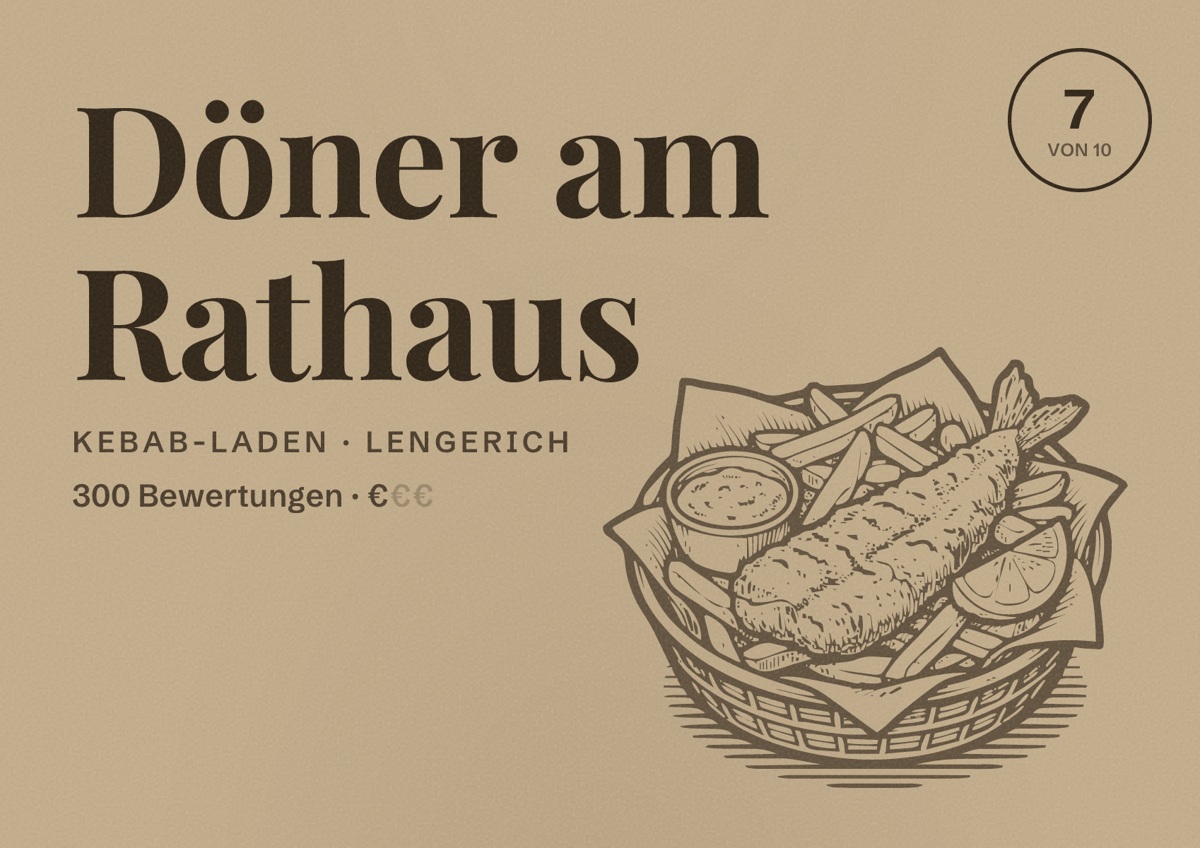 Illustriertes Poster von Döner am Rathaus, Kebab-Laden in Lengerich: Bewertung 7 von 10 aus 300 Bewertungen, Preisniveau €