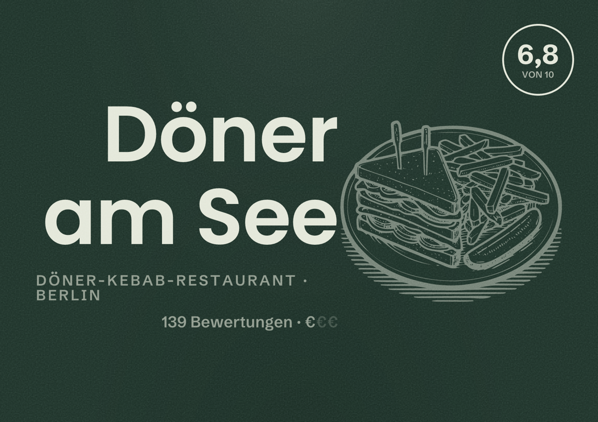Illustriertes Poster von Döner am See, Döner-Kebab-Restaurant in Berlin: Bewertung 6,8 von 10 aus 139 Bewertungen, Preisniveau €