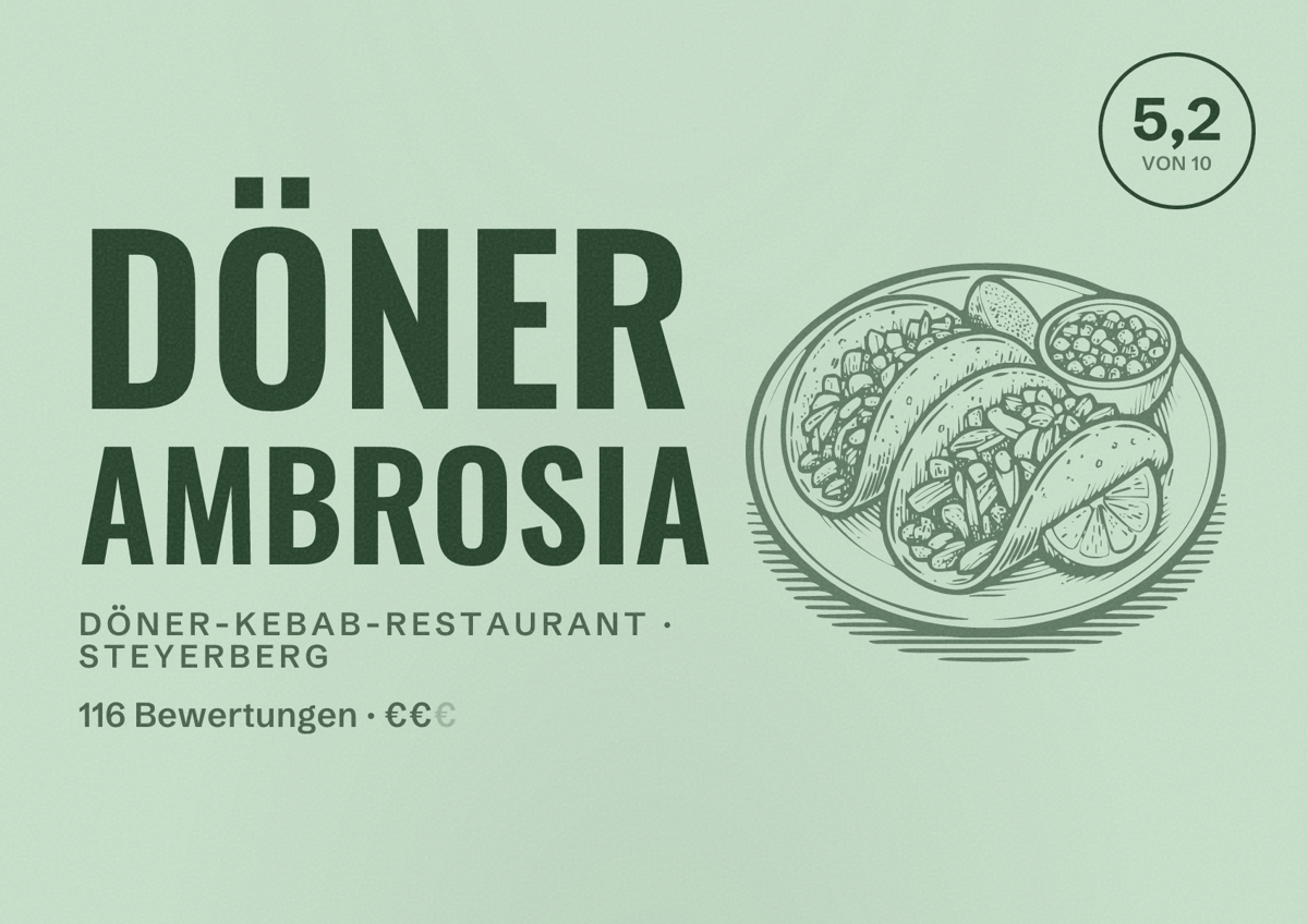 Illustriertes Poster von Döner Ambrosia, Döner-Kebab-Restaurant in Steyerberg: Bewertung 5,2 von 10 aus 116 Bewertungen, Preisniveau €€