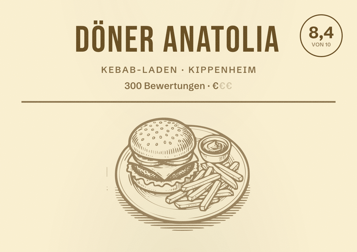 Illustriertes Poster von Döner Anatolia, Kebab-Laden in Kippenheim: Bewertung 8,4 von 10 aus 300 Bewertungen, Preisniveau €