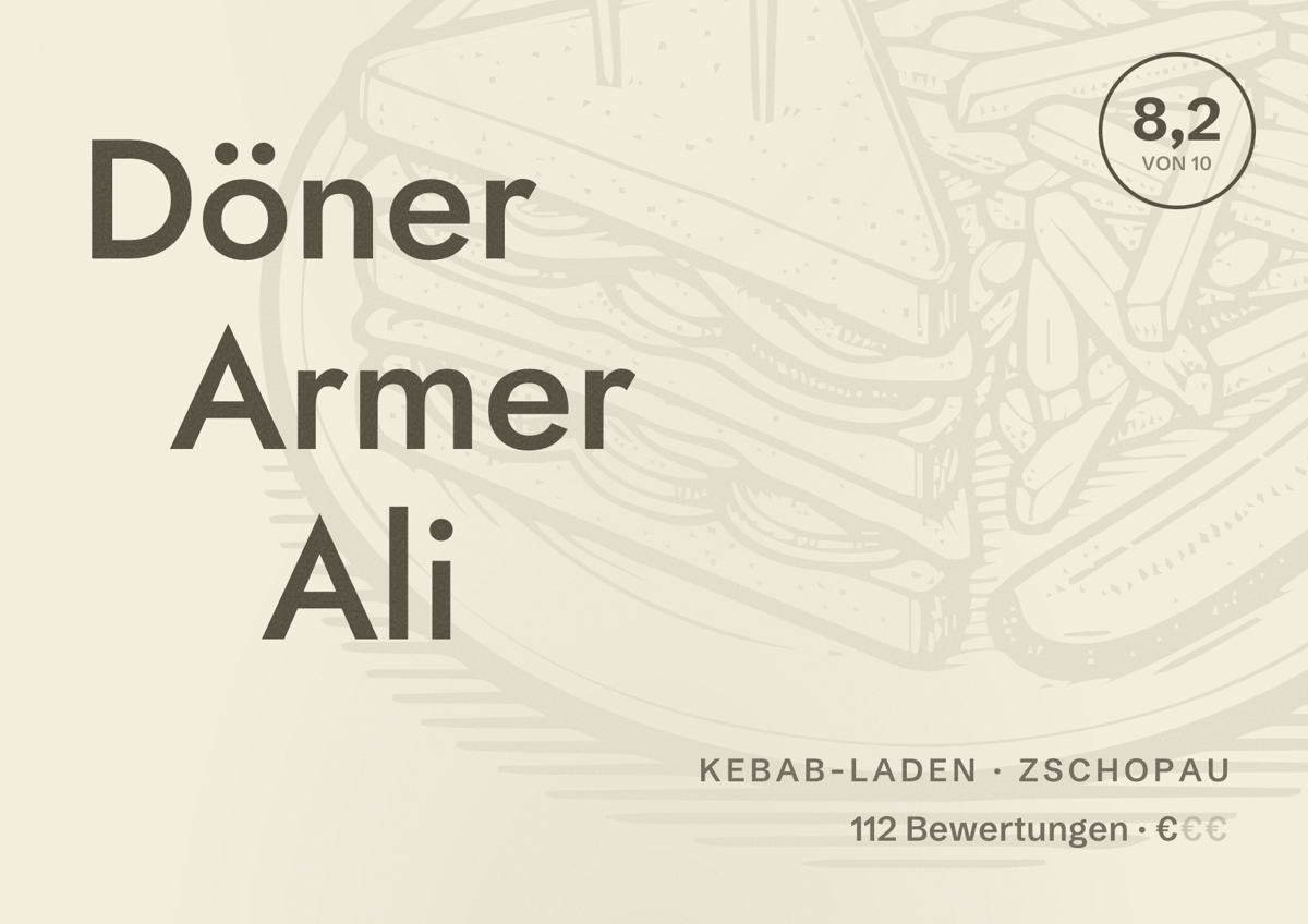 Illustriertes Poster von Döner Armer Ali, Kebab-Laden in Zschopau: Bewertung 8,2 von 10 aus 112 Bewertungen, Preisniveau €