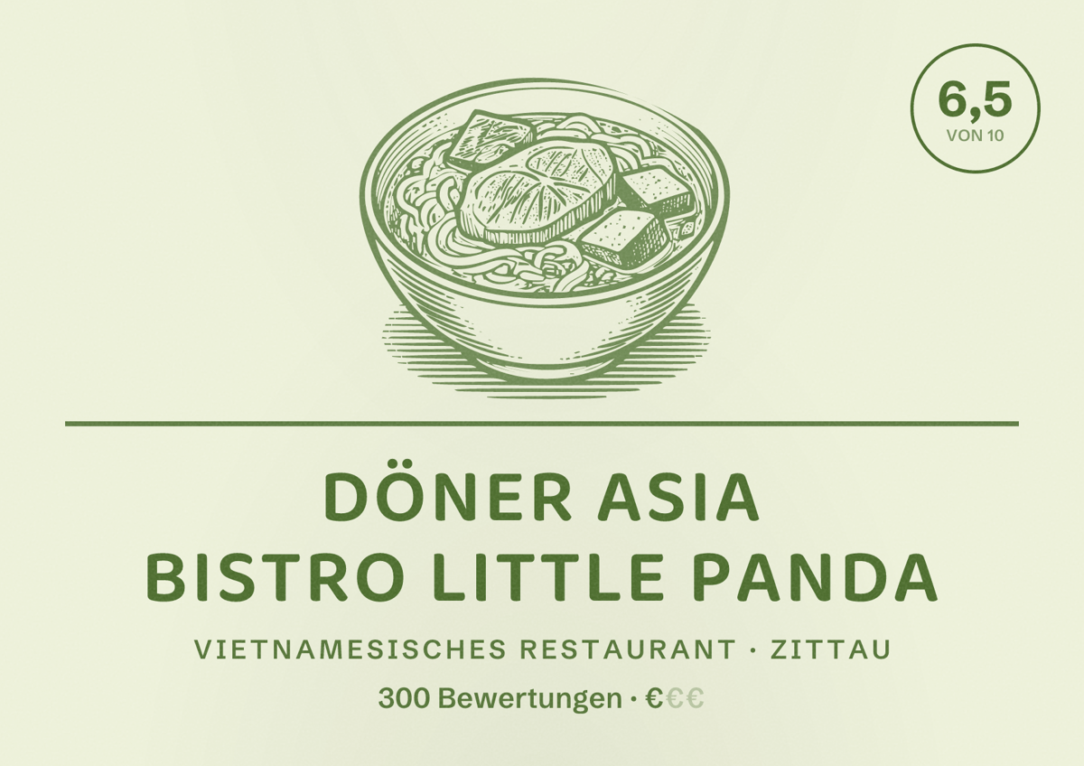 Illustriertes Poster von Döner Asia Bistro Little Panda, Vietnamesisches Restaurant in Zittau: Bewertung 6,5 von 10 aus 300 Bewertungen, Preisniveau €