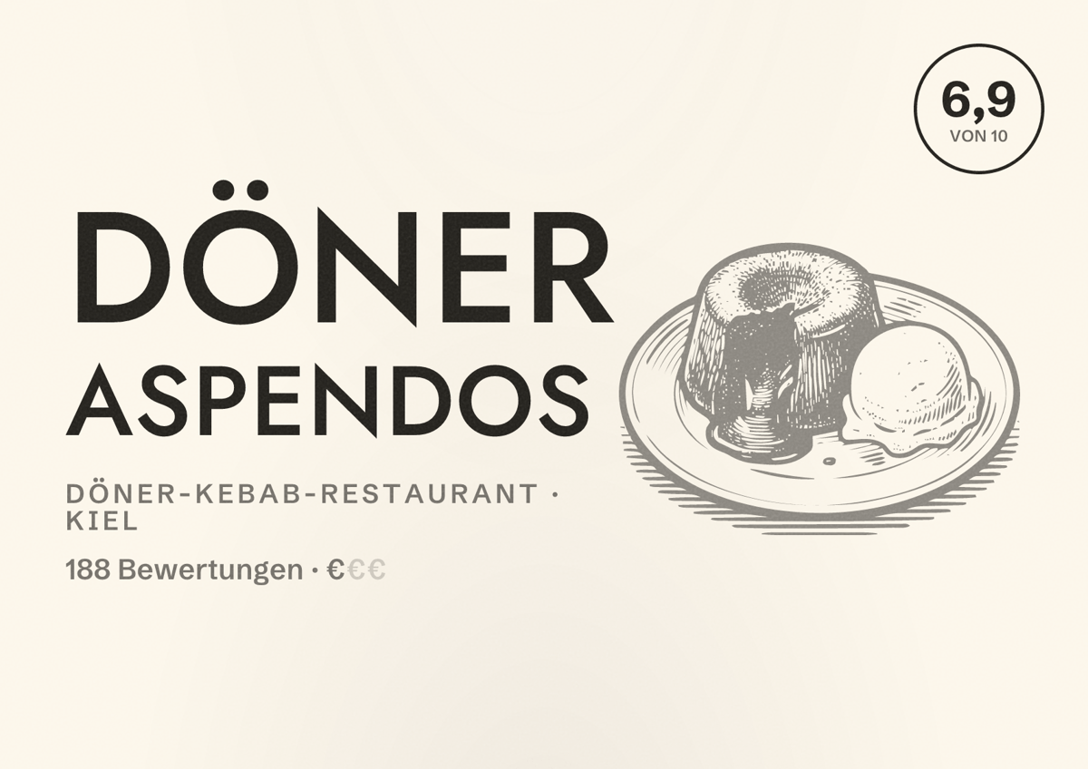 Illustriertes Poster von Döner Aspendos, Döner-Kebab-Restaurant in Kiel: Bewertung 6,9 von 10 aus 188 Bewertungen, Preisniveau €