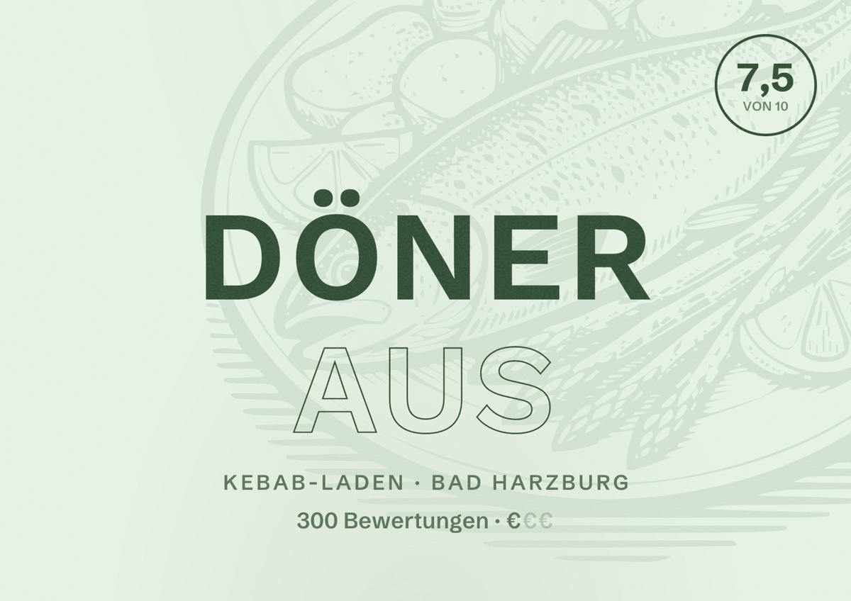 Illustriertes Poster von Döner aus, Kebab-Laden in Bad Harzburg: Bewertung 7,5 von 10 aus 300 Bewertungen, Preisniveau €