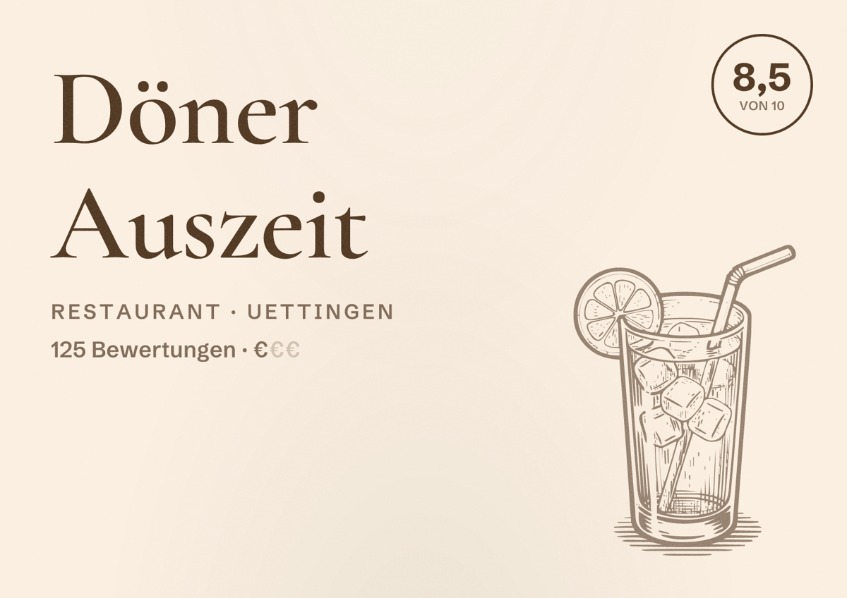 Illustriertes Poster von Döner Auszeit, Restaurant in Uettingen: Bewertung 8,5 von 10 aus 125 Bewertungen, Preisniveau €