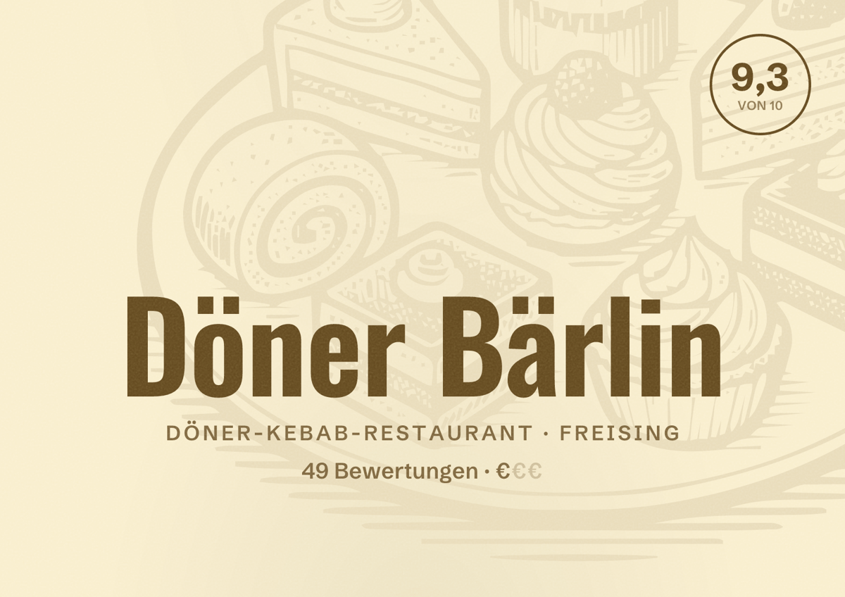Illustriertes Poster von Döner Bärlin, Döner-Kebab-Restaurant in Freising: Bewertung 9,3 von 10 aus 49 Bewertungen, Preisniveau €