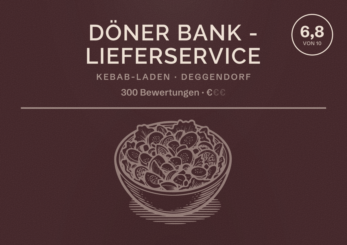 Illustriertes Poster von Döner Bank - Lieferservice, Kebab-Laden in Deggendorf: Bewertung 6,8 von 10 aus 300 Bewertungen, Preisniveau €