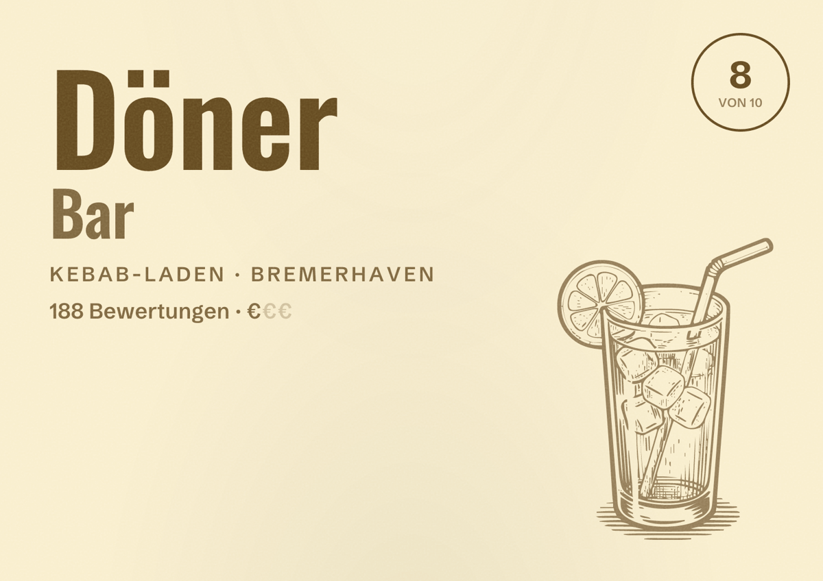 Illustriertes Poster von Döner Bar, Kebab-Laden in Bremerhaven: Bewertung 8 von 10 aus 188 Bewertungen, Preisniveau €