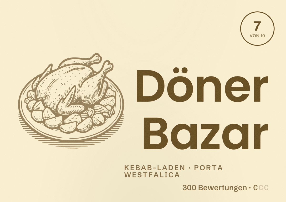 Illustriertes Poster von Döner Bazar, Kebab-Laden in Porta Westfalica: Bewertung 7 von 10 aus 300 Bewertungen, Preisniveau €