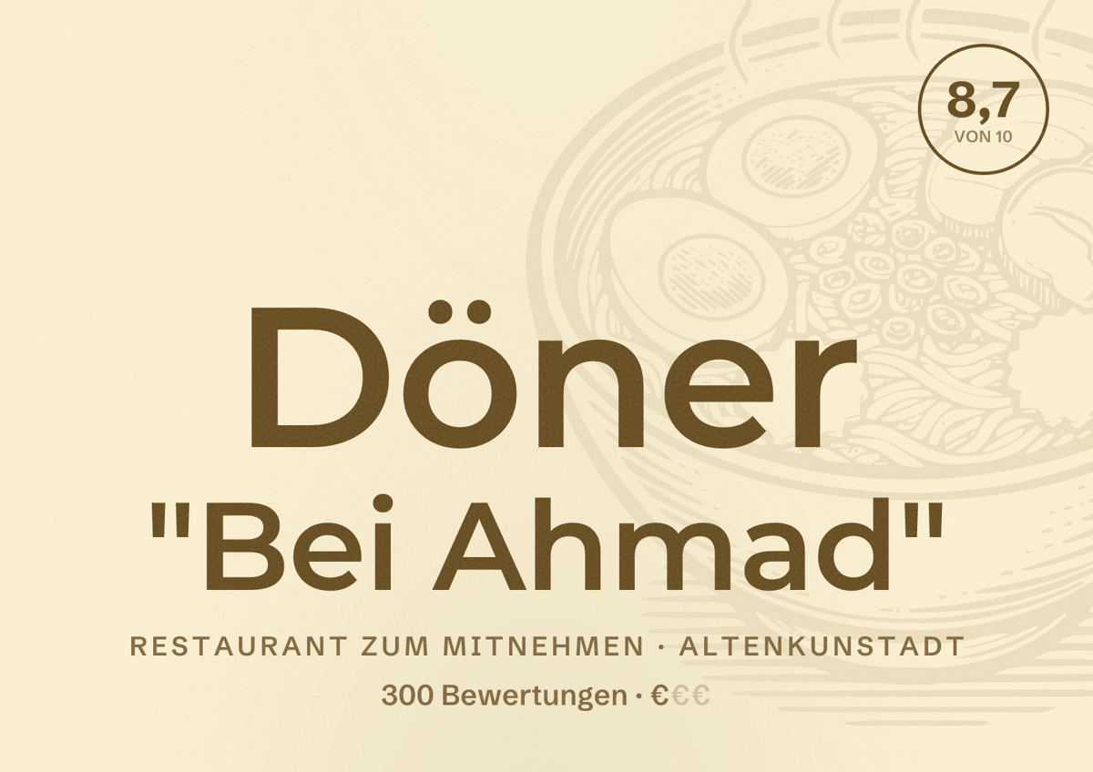 Illustriertes Poster von Döner "Bei Ahmad", Restaurant zum Mitnehmen in Altenkunstadt: Bewertung 8,7 von 10 aus 300 Bewertungen, Preisniveau €