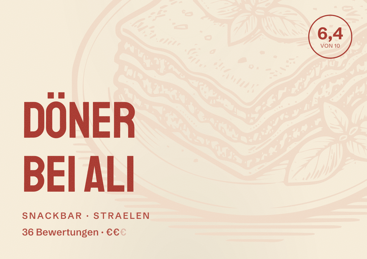 Illustriertes Poster von Döner bei Ali, Snackbar in Straelen: Bewertung 6,4 von 10 aus 36 Bewertungen, Preisniveau €€