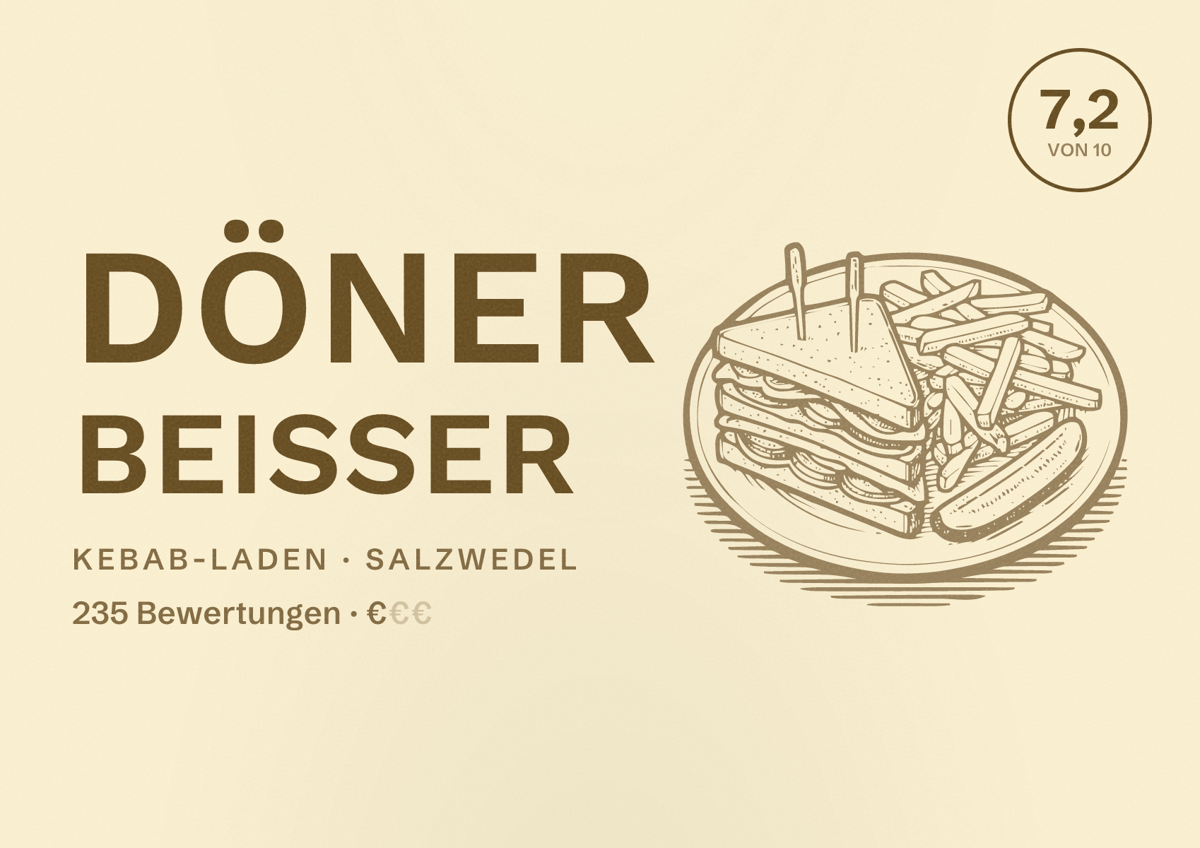 Illustriertes Poster von Döner Beisser, Kebab-Laden in Salzwedel: Bewertung 7,2 von 10 aus 235 Bewertungen, Preisniveau €
