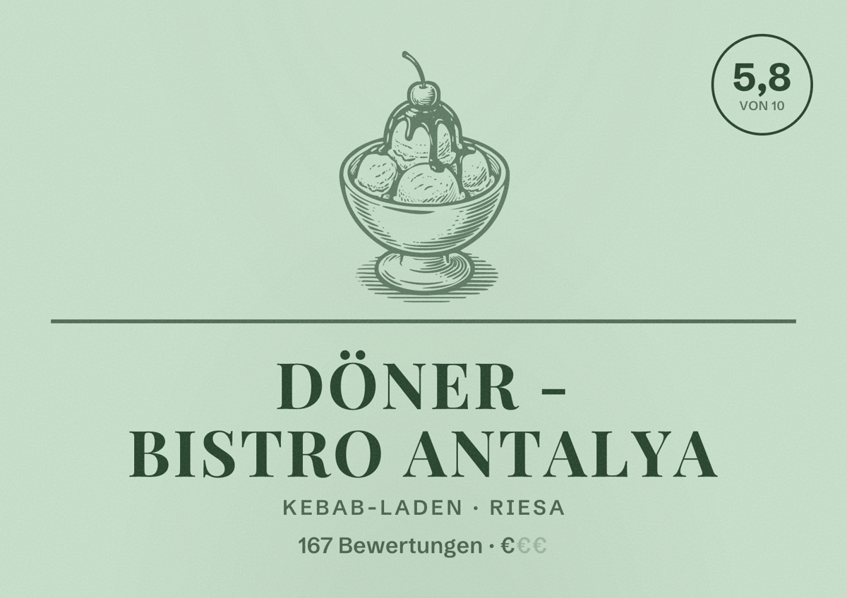 Illustriertes Poster von Döner - Bistro Antalya, Kebab-Laden in Riesa: Bewertung 5,8 von 10 aus 167 Bewertungen, Preisniveau €