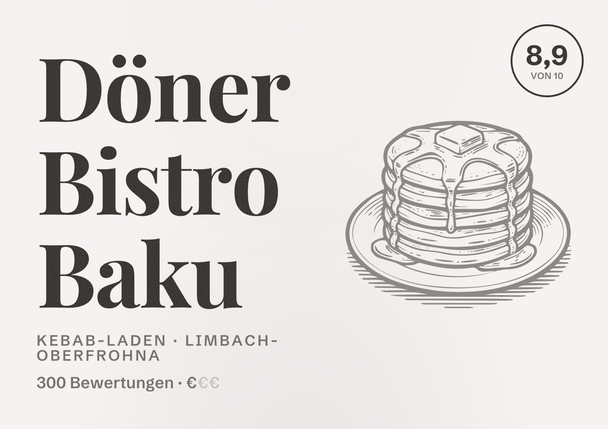 Illustriertes Poster von Döner Bistro Baku, Kebab-Laden in Limbach-Oberfrohna: Bewertung 8,9 von 10 aus 300 Bewertungen, Preisniveau €