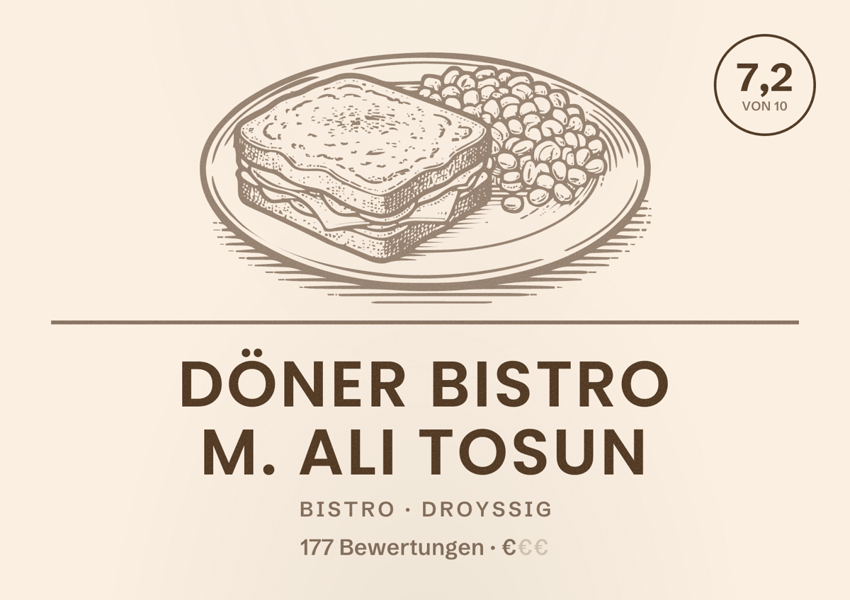 Illustriertes Poster von Döner Bistro M. Ali Tosun, Bistro in Droyßig: Bewertung 7,2 von 10 aus 177 Bewertungen, Preisniveau €