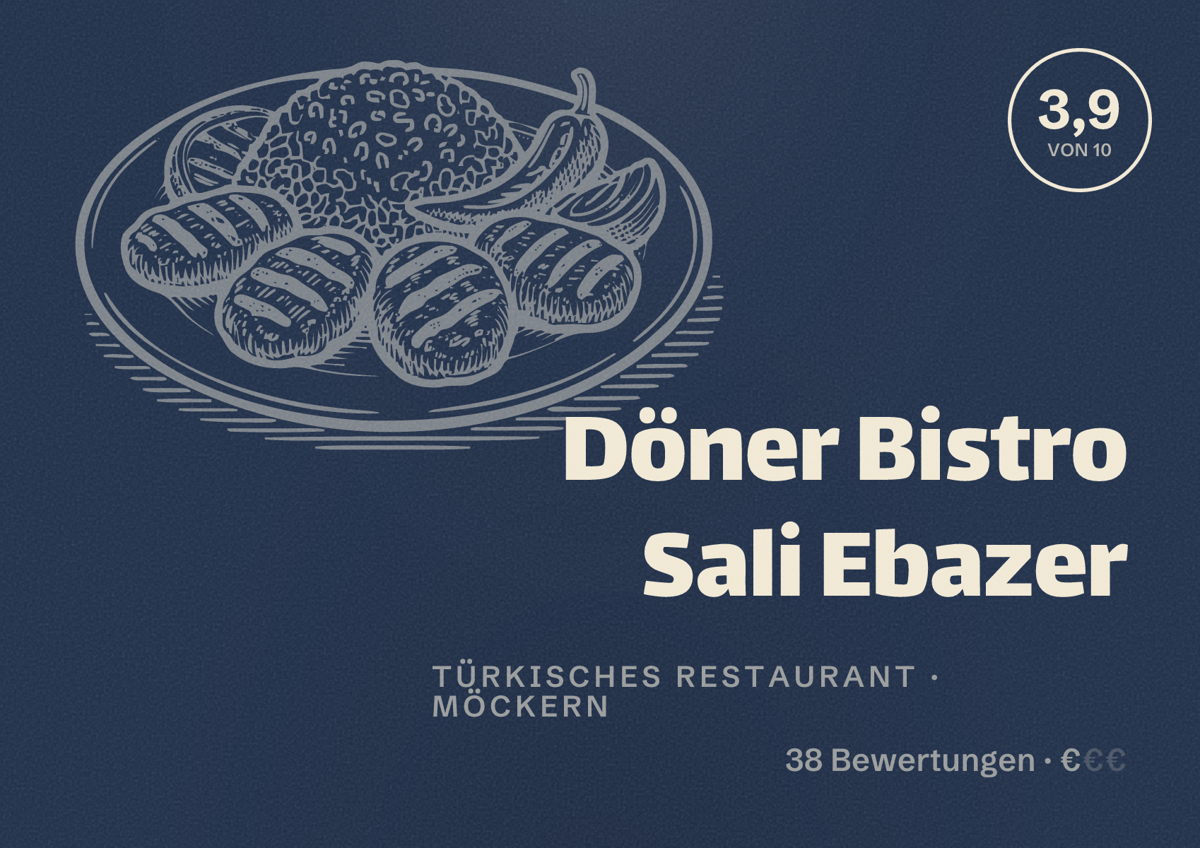 Illustriertes Poster von Döner Bistro Sali Ebazer, Türkisches Restaurant in Möckern: Bewertung 3,9 von 10 aus 38 Bewertungen, Preisniveau €