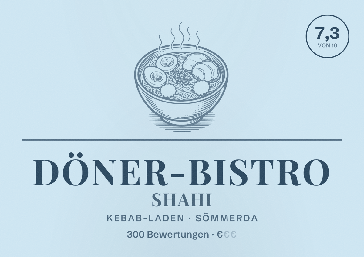 Illustriertes Poster von Döner-Bistro Shahi, Kebab-Laden in Sömmerda: Bewertung 7,3 von 10 aus 300 Bewertungen, Preisniveau €