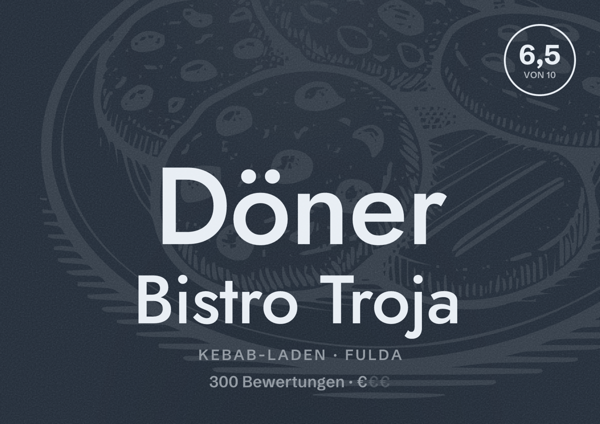 Illustriertes Poster von Döner Bistro Troja, Kebab-Laden in Fulda: Bewertung 6,5 von 10 aus 300 Bewertungen, Preisniveau €
