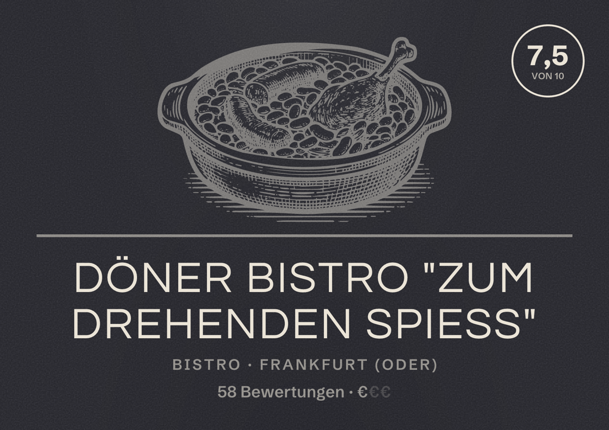 Illustriertes Poster von Döner Bistro "Zum drehenden Spieß", Bistro in Frankfurt (Oder): Bewertung 7,5 von 10 aus 58 Bewertungen, Preisniveau €