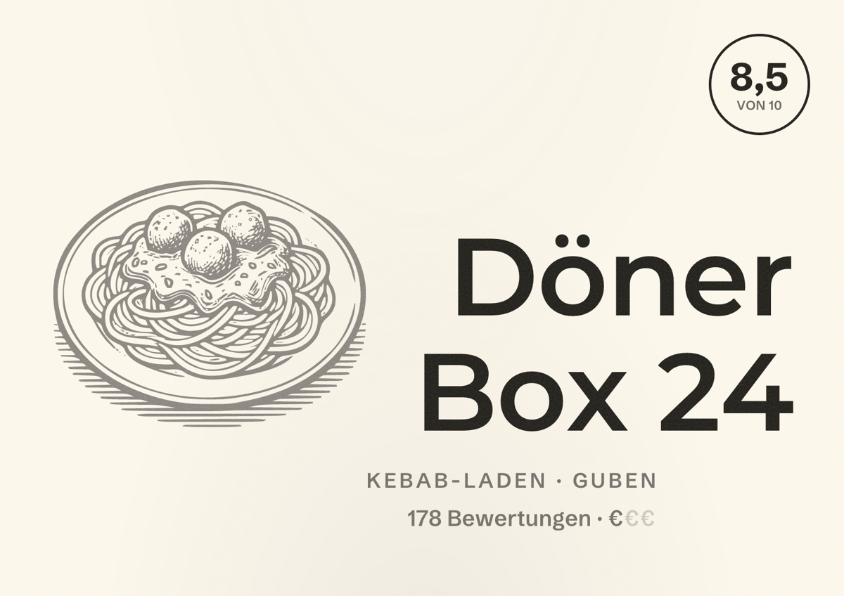Illustriertes Poster von Döner Box 24, Kebab-Laden in Guben: Bewertung 8,5 von 10 aus 178 Bewertungen, Preisniveau €