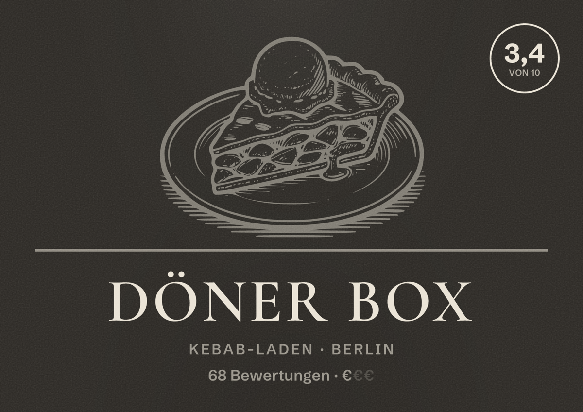 Illustriertes Poster von Döner Box, Kebab-Laden in Berlin: Bewertung 3,4 von 10 aus 68 Bewertungen, Preisniveau €