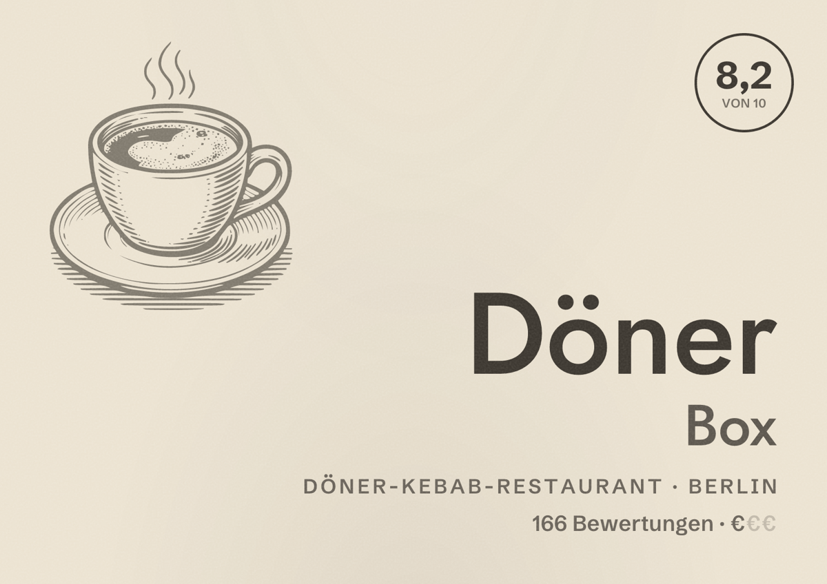 Illustriertes Poster von Döner Box, Döner-Kebab-Restaurant in Berlin: Bewertung 8,2 von 10 aus 166 Bewertungen, Preisniveau €