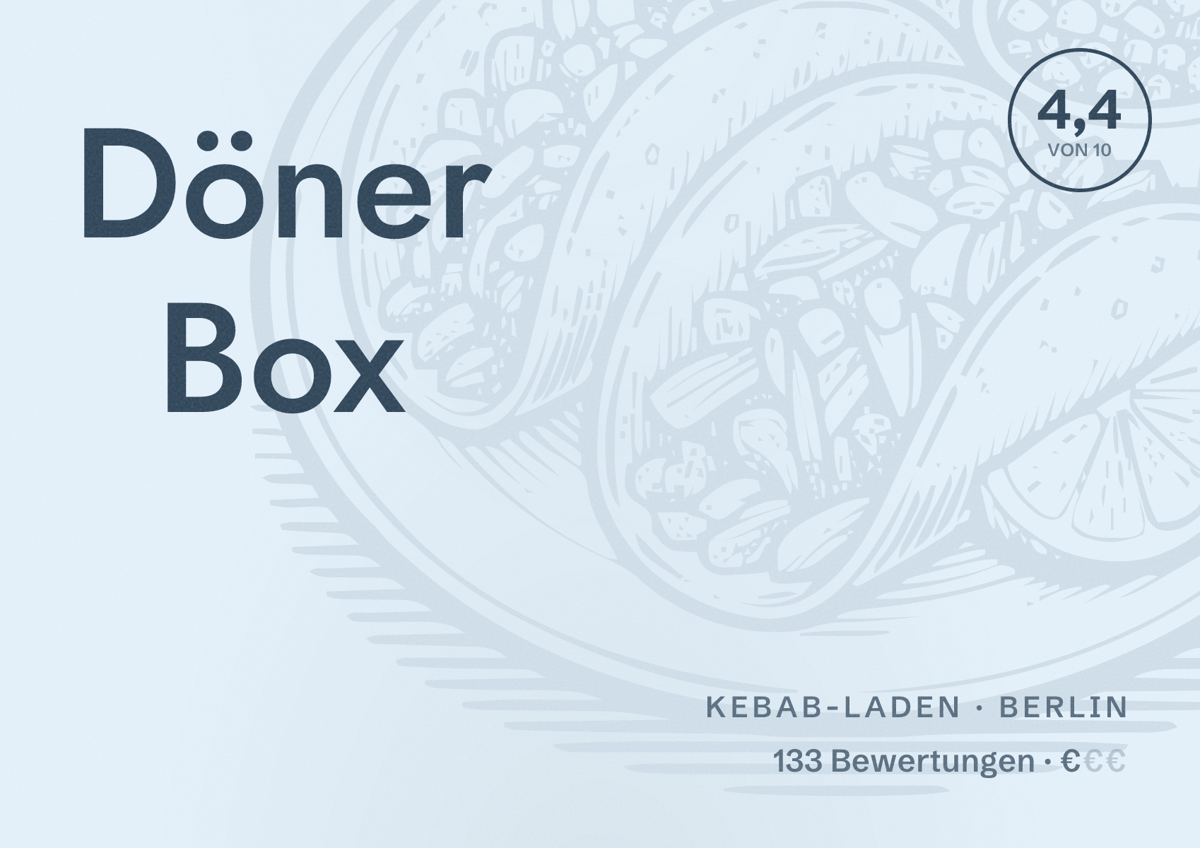 Illustriertes Poster von Döner Box, Kebab-Laden in Berlin: Bewertung 4,4 von 10 aus 133 Bewertungen, Preisniveau €