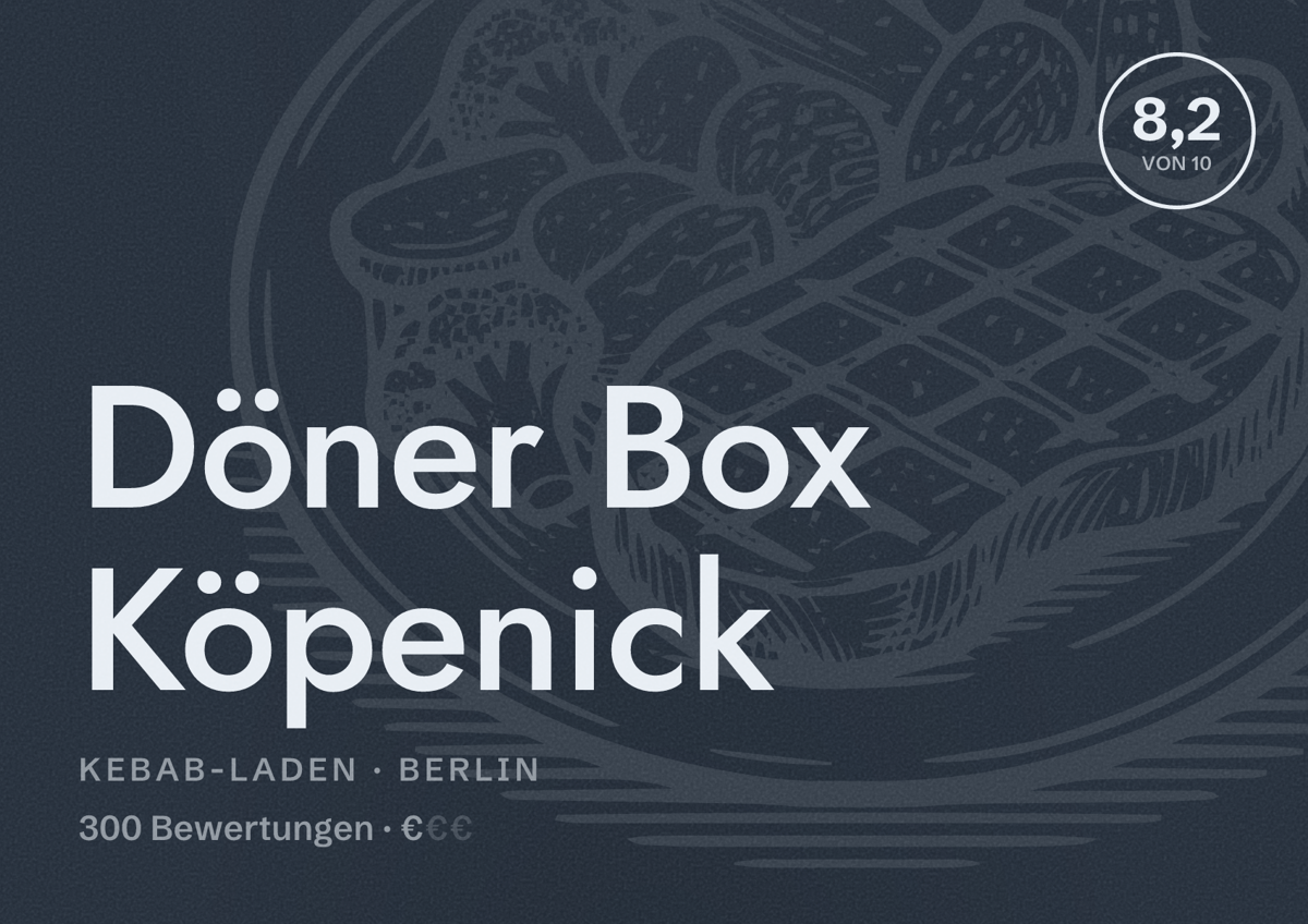 Illustriertes Poster von Döner Box Köpenick, Kebab-Laden in Berlin: Bewertung 8,2 von 10 aus 300 Bewertungen, Preisniveau €
