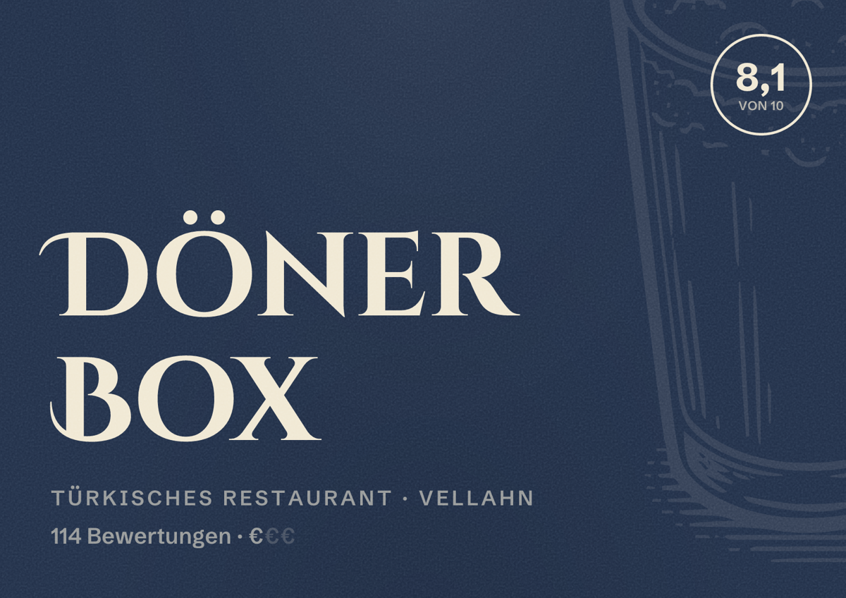Illustriertes Poster von Döner Box, Türkisches Restaurant in Vellahn: Bewertung 8,1 von 10 aus 114 Bewertungen, Preisniveau €