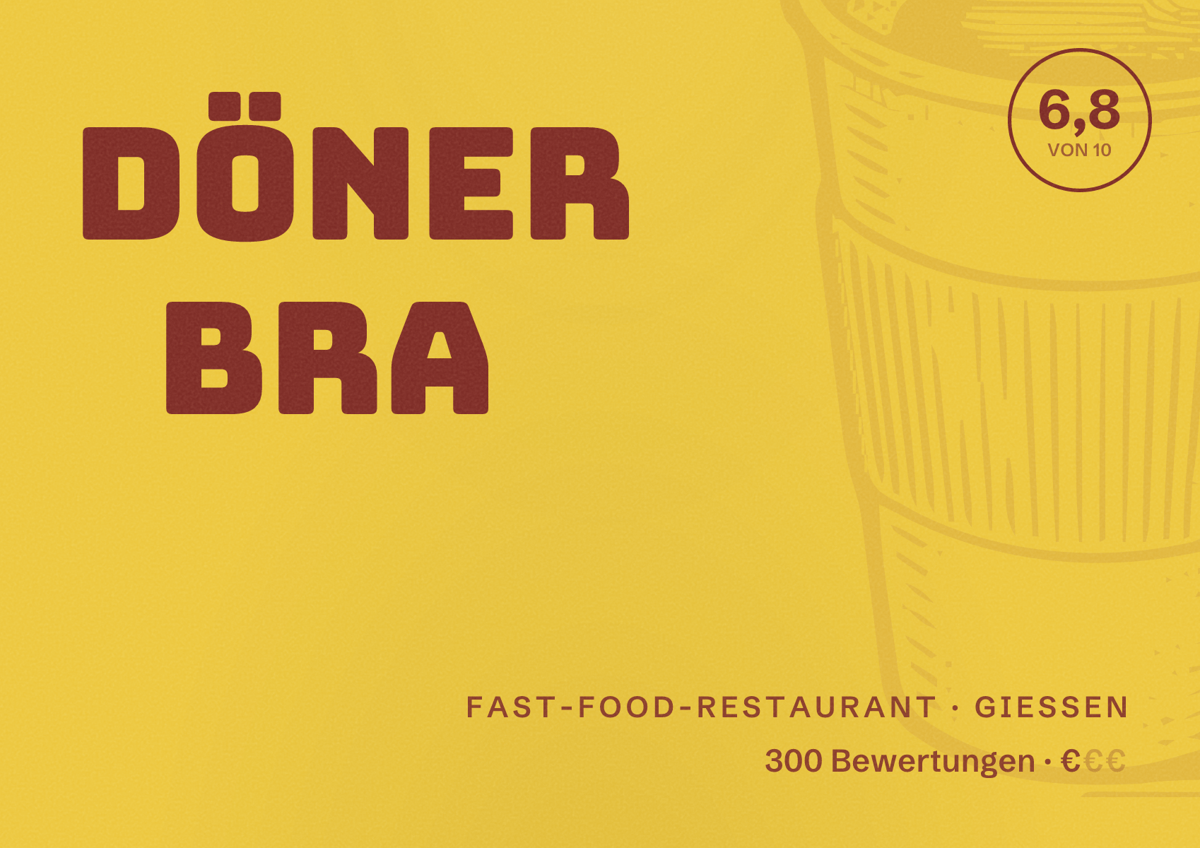 Illustriertes Poster von Döner Bra, Fast-Food-Restaurant in Gießen: Bewertung 6,8 von 10 aus 300 Bewertungen, Preisniveau €