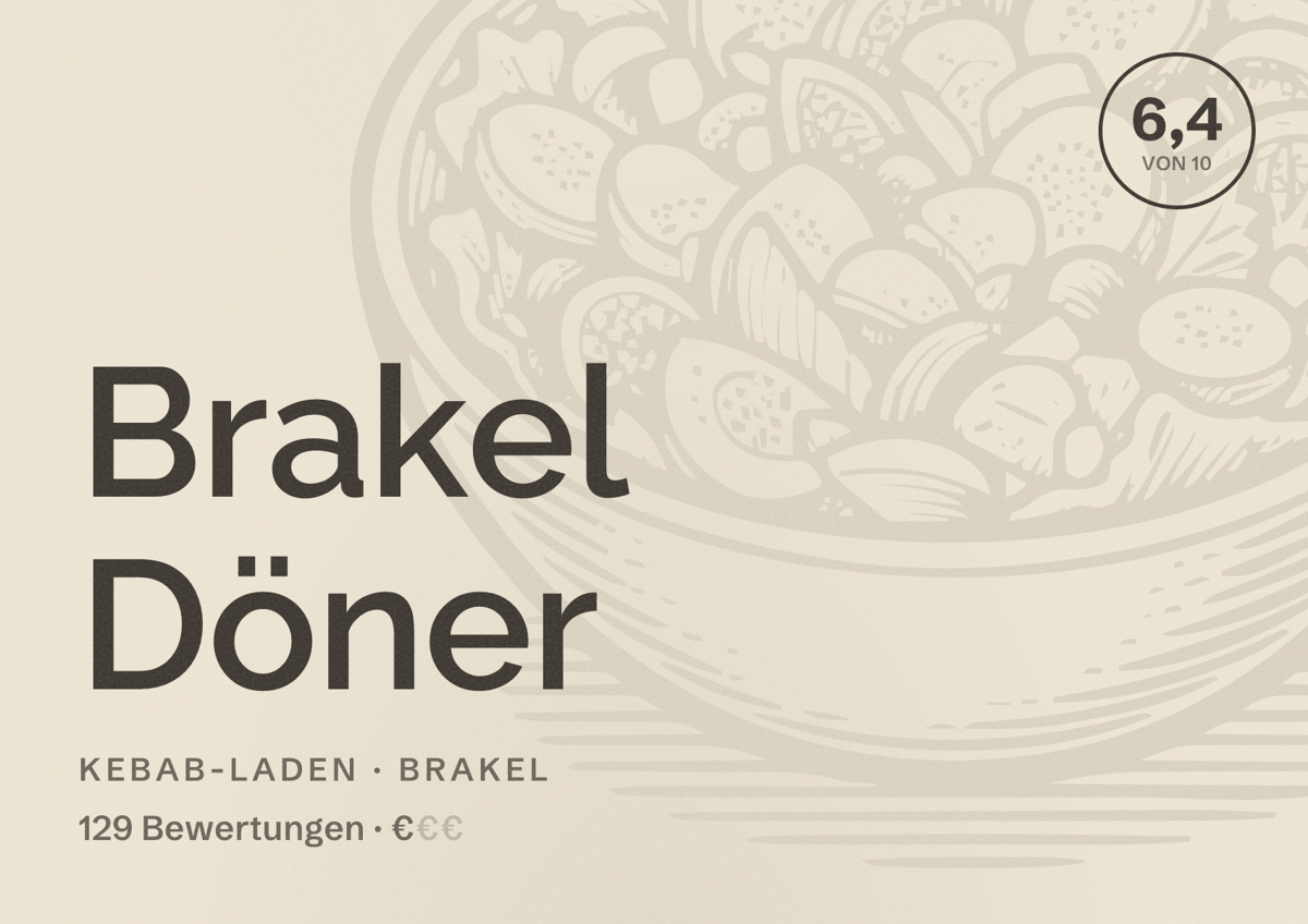 Illustriertes Poster von Brakel Döner, Kebab-Laden in Brakel: Bewertung 6,4 von 10 aus 129 Bewertungen, Preisniveau €