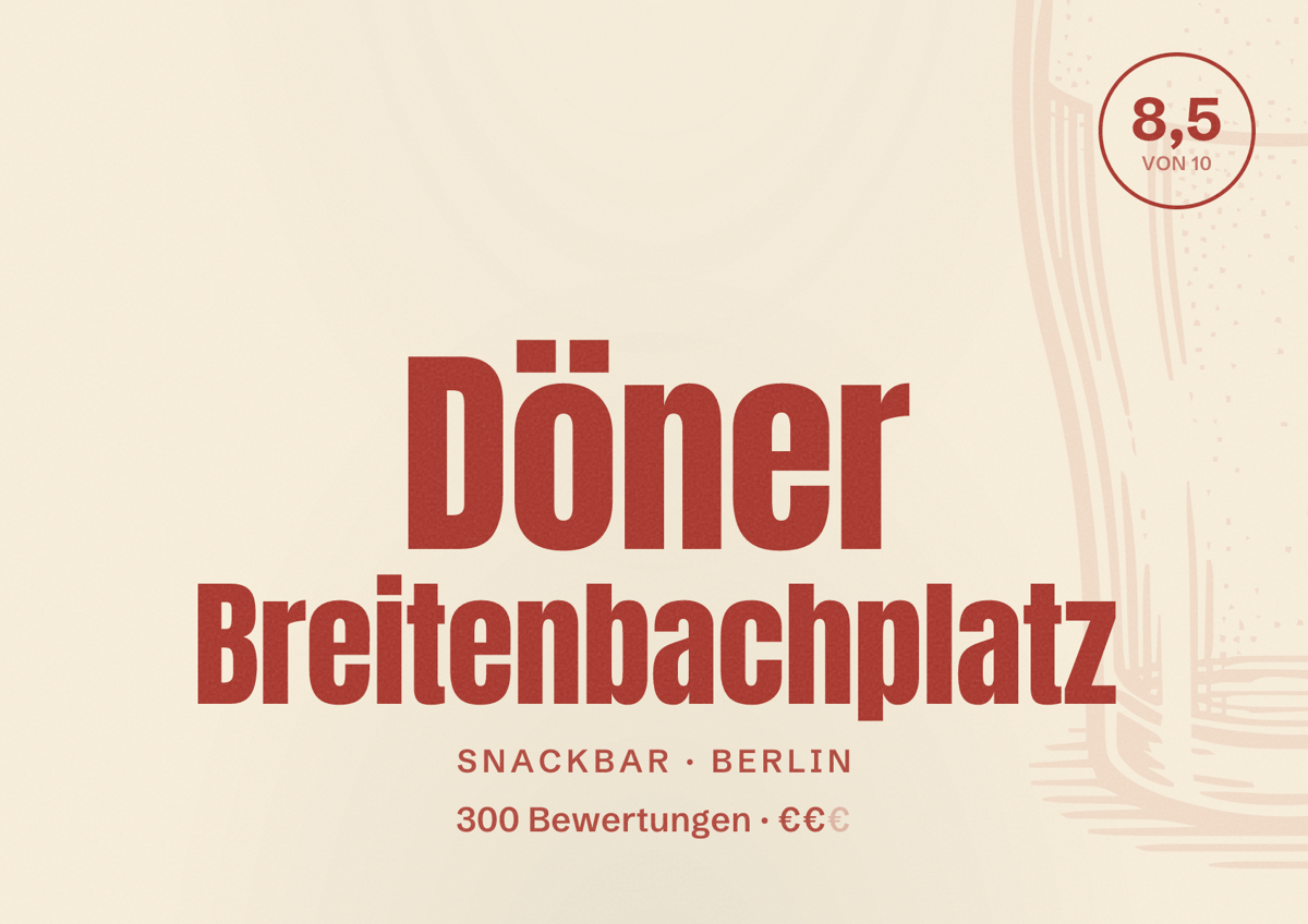 Illustriertes Poster von Döner Breitenbachplatz, Snackbar in Berlin: Bewertung 8,5 von 10 aus 300 Bewertungen, Preisniveau €€