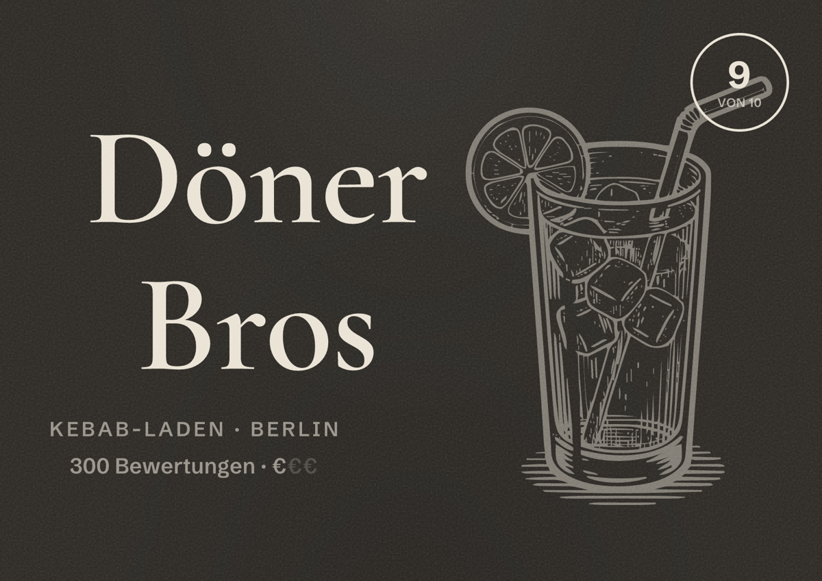 Illustriertes Poster von Döner Bros, Kebab-Laden in Berlin: Bewertung 9,0 von 10 aus 300 Bewertungen, Preisniveau €