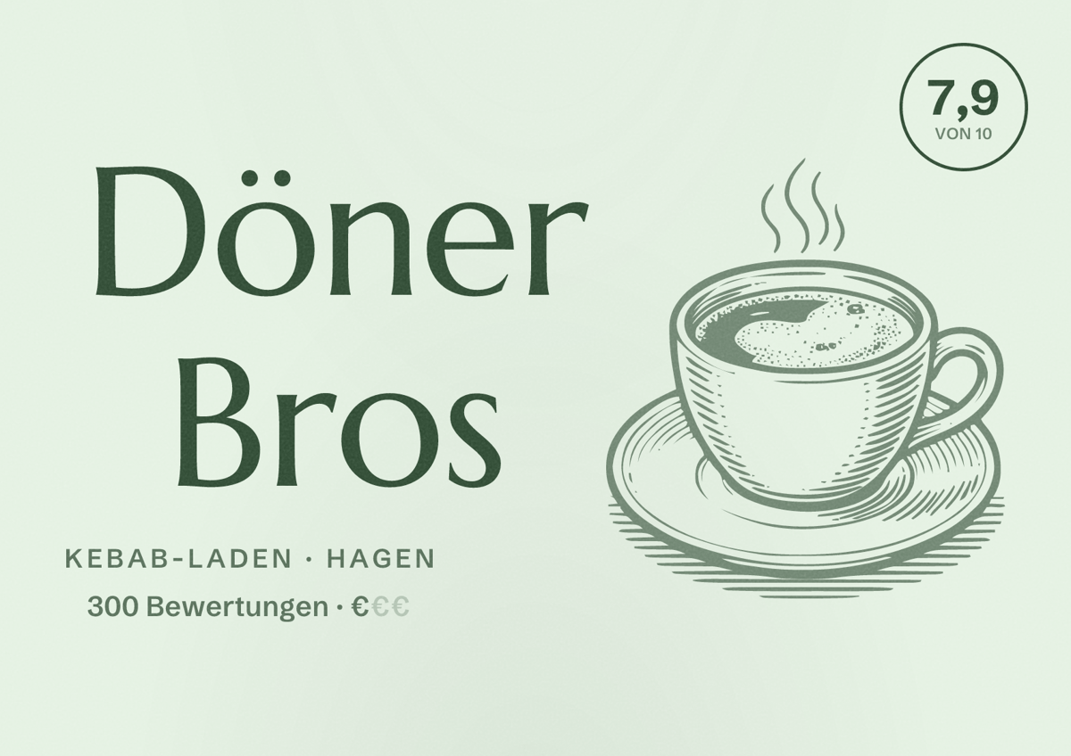 Illustriertes Poster von Döner Bros, Kebab-Laden in Hagen: Bewertung 7,9 von 10 aus 300 Bewertungen, Preisniveau €