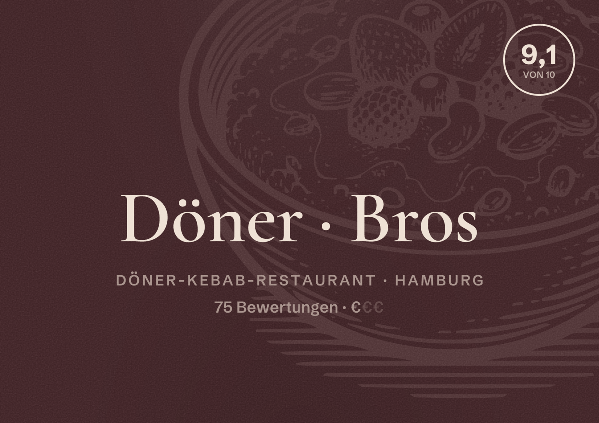Illustriertes Poster von Döner Bros, Döner-Kebab-Restaurant in Hamburg: Bewertung 9,1 von 10 aus 75 Bewertungen, Preisniveau €