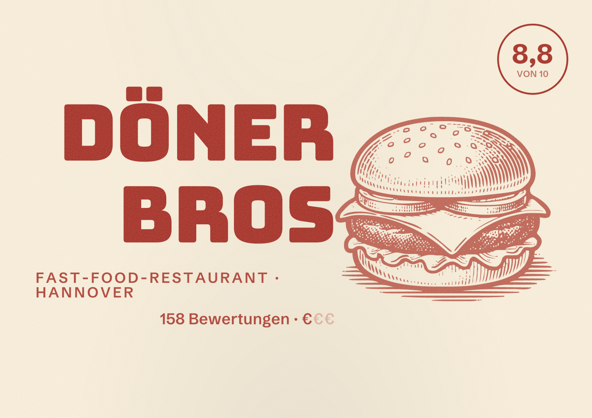 Illustriertes Poster von Döner Bros, Fast-Food-Restaurant in Hannover: Bewertung 8,8 von 10 aus 158 Bewertungen, Preisniveau €