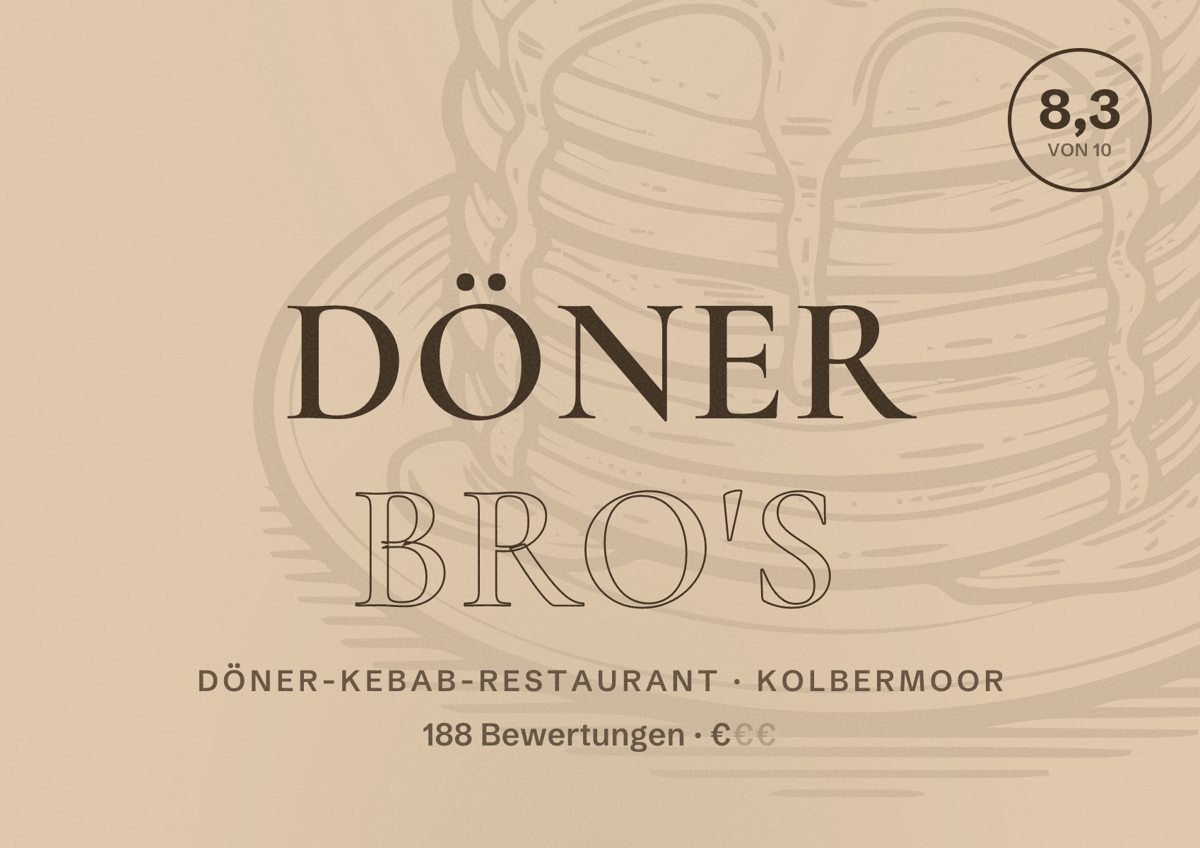 Illustriertes Poster von Döner Bro's, Döner-Kebab-Restaurant in Kolbermoor: Bewertung 8,3 von 10 aus 188 Bewertungen, Preisniveau €