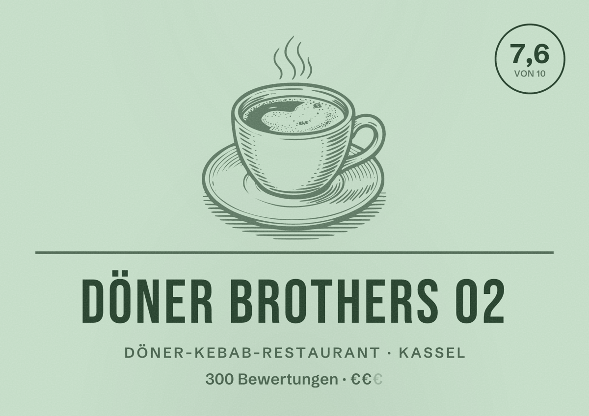 Illustriertes Poster von Döner Brothers 02, Döner-Kebab-Restaurant in Kassel: Bewertung 7,6 von 10 aus 300 Bewertungen, Preisniveau €€