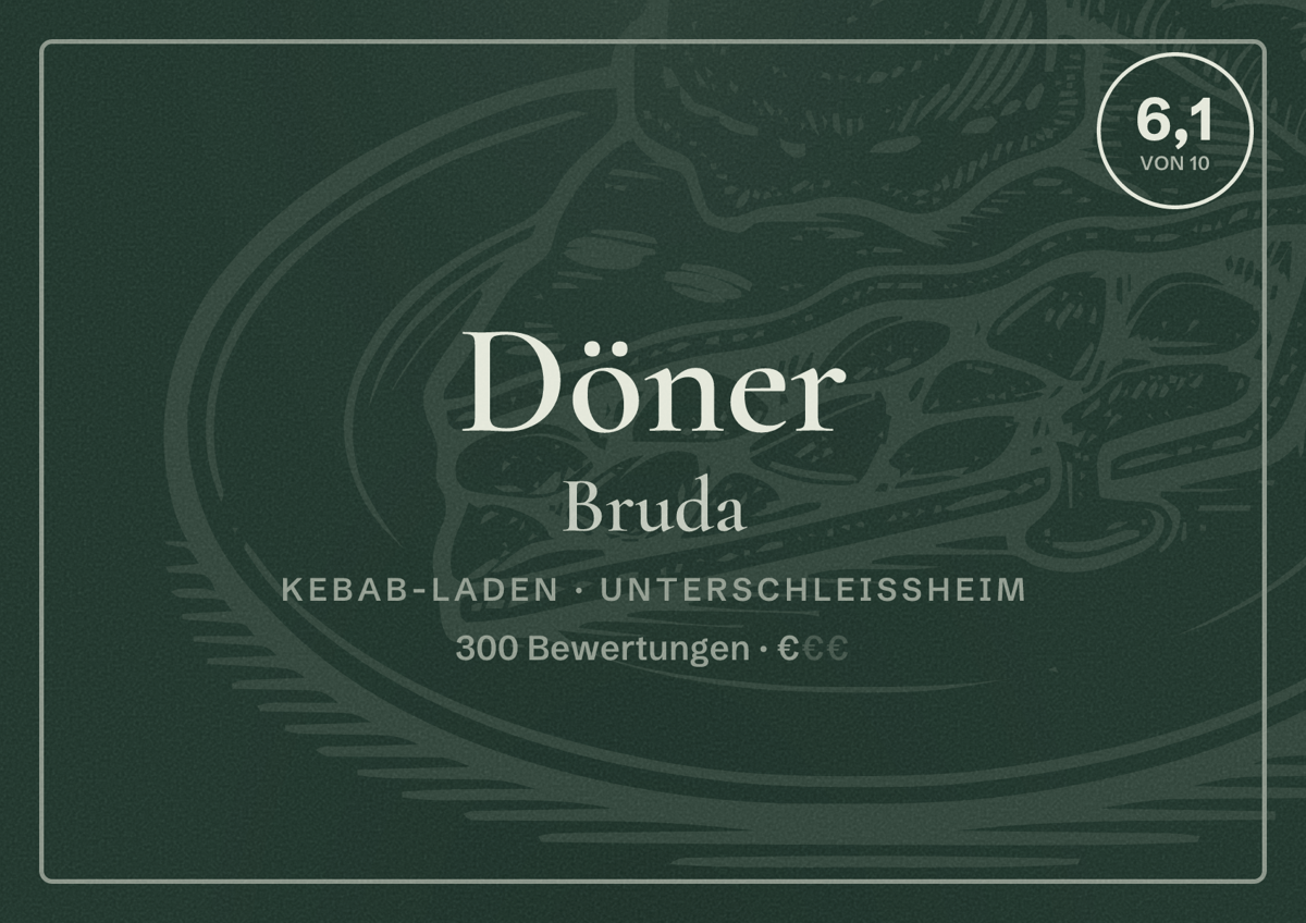 Illustriertes Poster von Döner Bruda, Kebab-Laden in Unterschleißheim: Bewertung 6,1 von 10 aus 300 Bewertungen, Preisniveau €