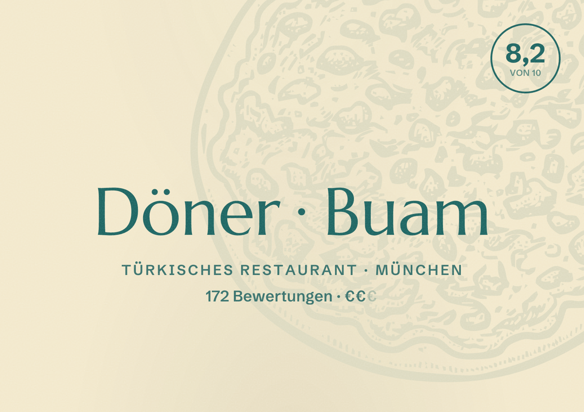 Illustriertes Poster von Döner Buam, Türkisches Restaurant in München: Bewertung 8,2 von 10 aus 172 Bewertungen, Preisniveau €€