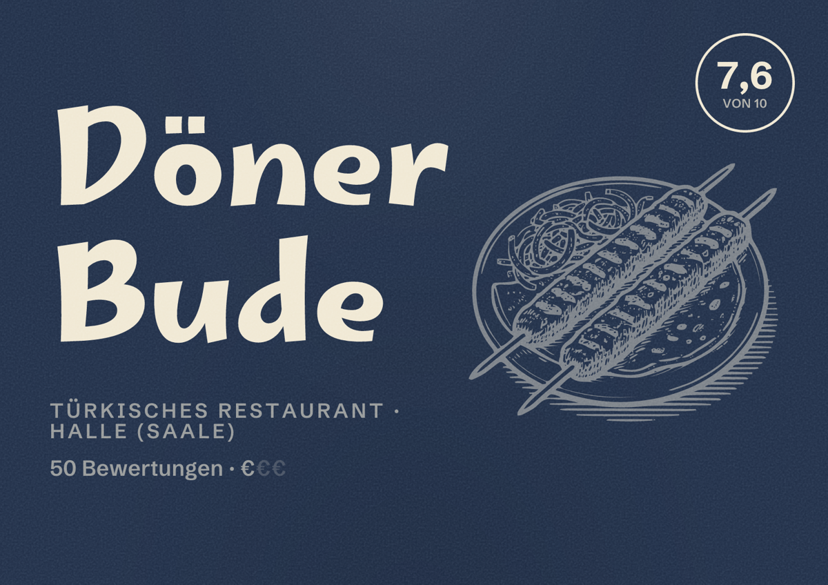 Illustriertes Poster von Döner Bude, Türkisches Restaurant in Halle (Saale): Bewertung 7,6 von 10 aus 50 Bewertungen, Preisniveau €