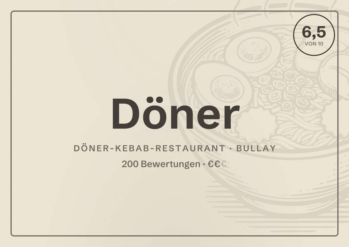 Illustriertes Poster von Döner, Döner-Kebab-Restaurant in Bullay: Bewertung 6,5 von 10 aus 200 Bewertungen, Preisniveau €€