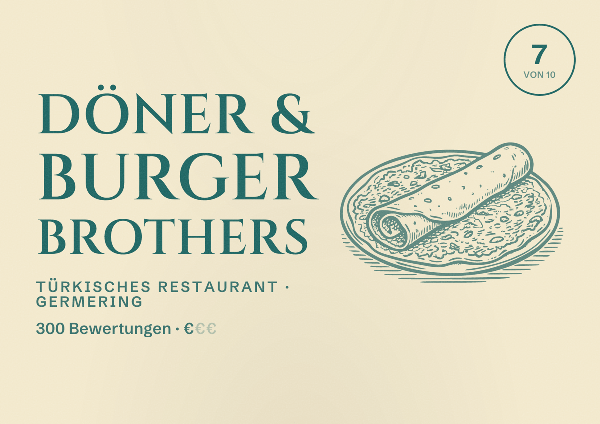 Illustriertes Poster von Döner & Burger Brothers, Türkisches Restaurant in Germering: Bewertung 7 von 10 aus 300 Bewertungen, Preisniveau €