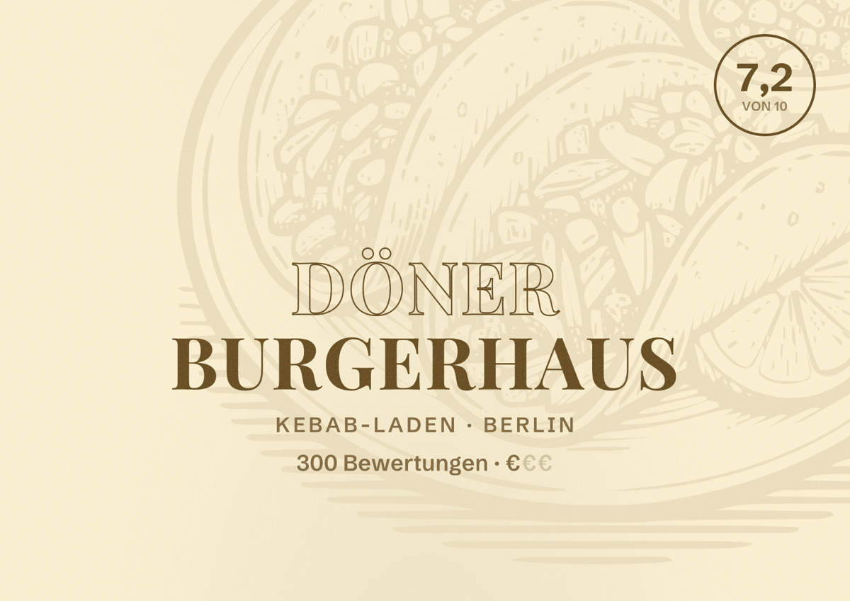 Illustriertes Poster von DÖNER BURGERHAUS, Kebab-Laden in Berlin: Bewertung 7,2 von 10 aus 300 Bewertungen, Preisniveau €