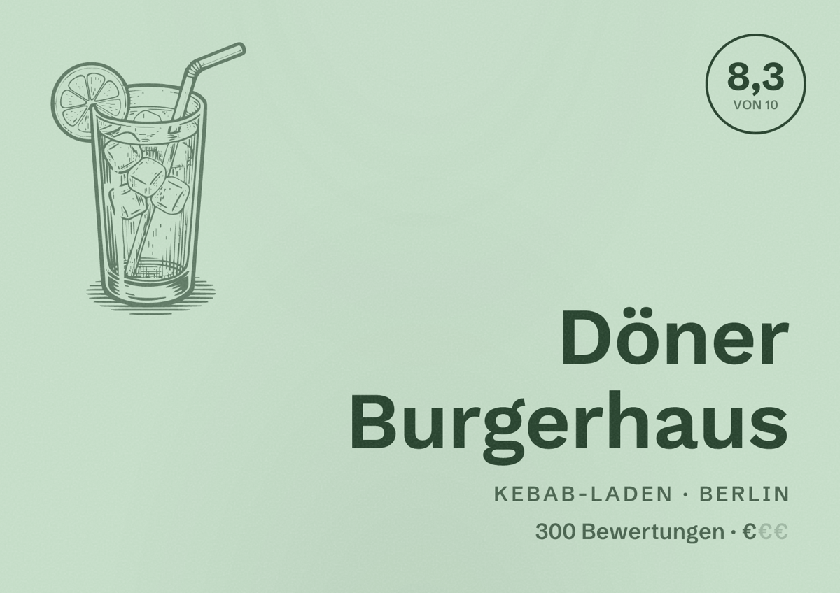 Illustriertes Poster von Döner Burgerhaus, Kebab-Laden in Berlin: Bewertung 8,3 von 10 aus 300 Bewertungen, Preisniveau €