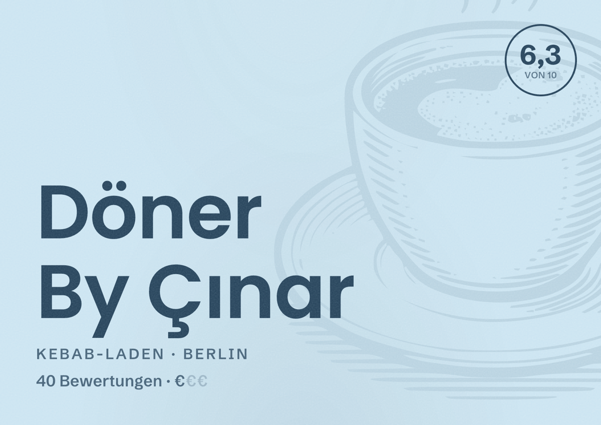 Illustriertes Poster von Döner By Çınar, Kebab-Laden in Berlin: Bewertung 6,3 von 10 aus 40 Bewertungen, Preisniveau €
