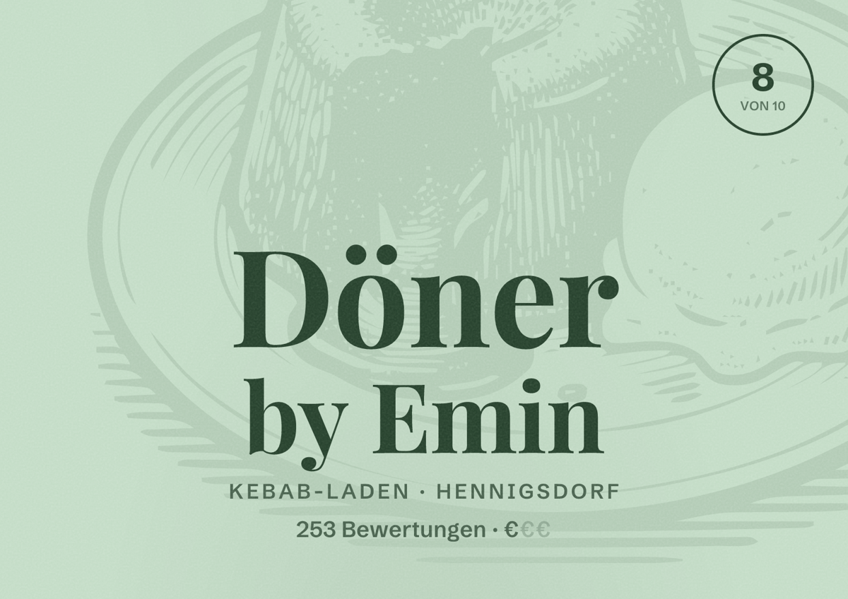 Illustriertes Poster von Döner by Emin, Kebab-Laden in Hennigsdorf: Bewertung 8 von 10 aus 253 Bewertungen, Preisniveau €